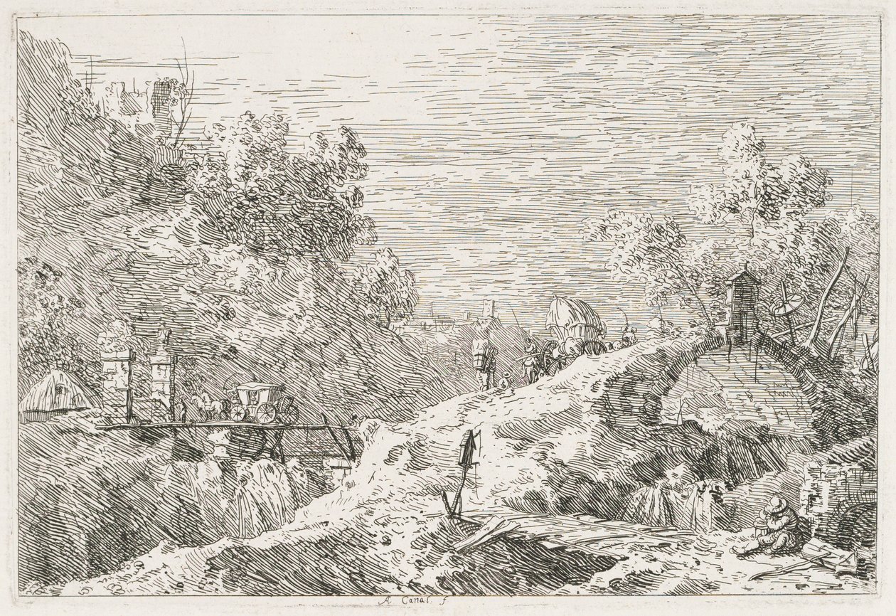 Udsigt: Bjerglandskab med fem broer, 1735-1746. af Giovanni Antonio Canal