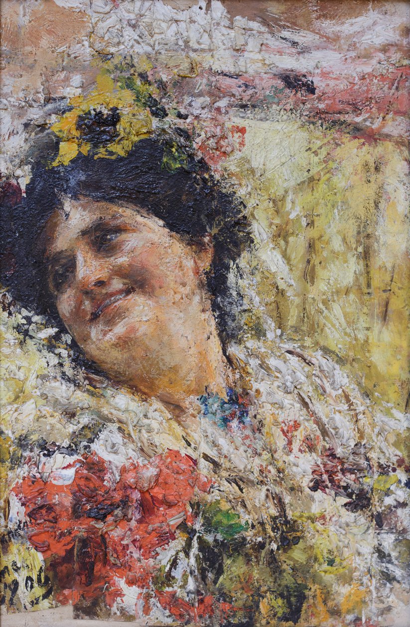 Kvindehoved og blomster af Antonio Mancini