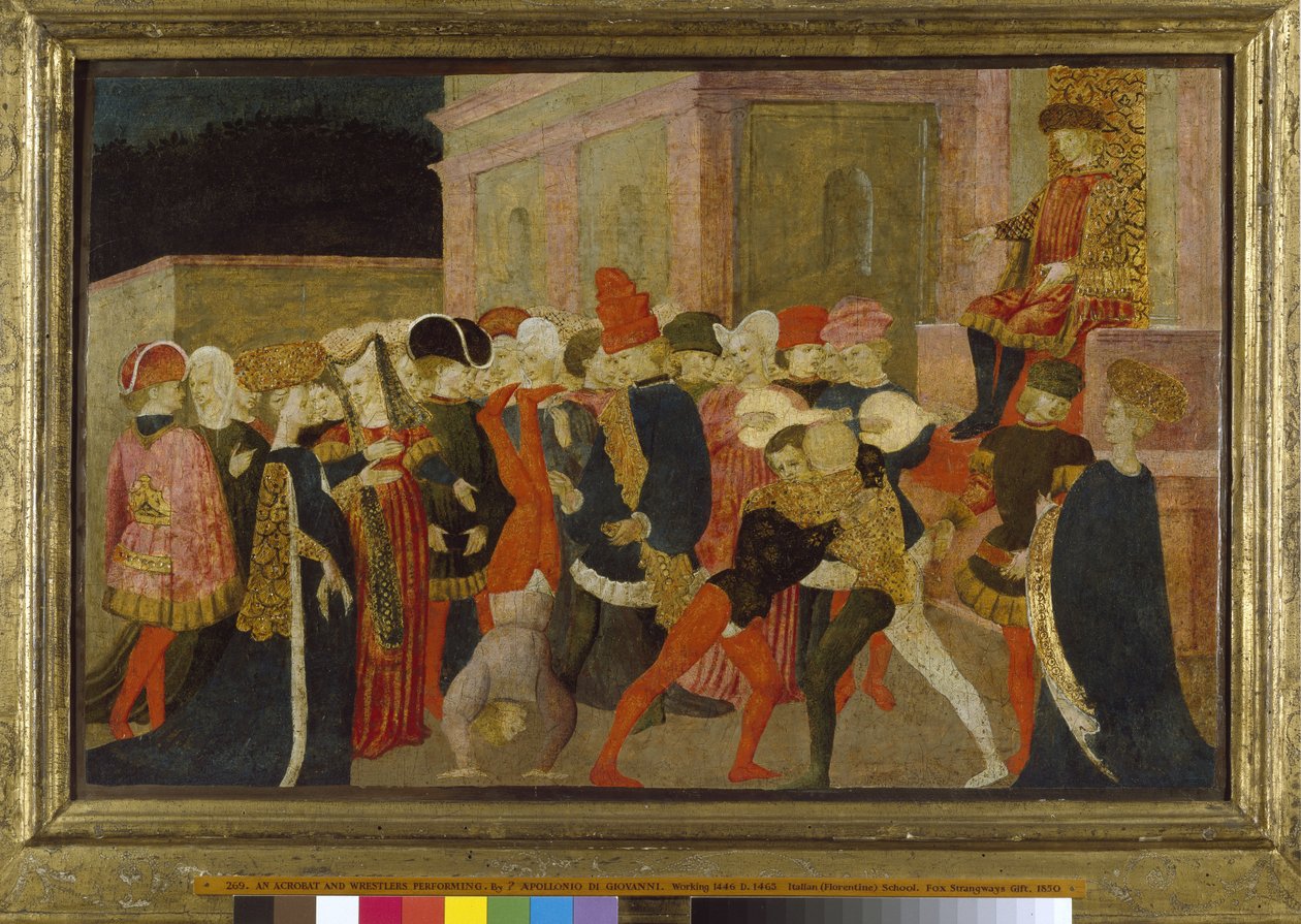 An Acrobat and Wrestlers Performing, 1400-tallet (tempera på panel) af Apollonio di Giovanni di Tommaso