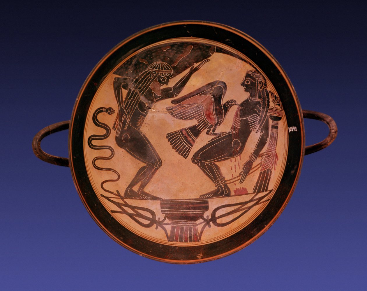 Sort figur kylix, der viser Atlas, der holder himlen op, og Prometheus bundet med en ørn, der plukker sin lever ud, ca. 555 f.Kr. (keramik) af Arkesilas Painter