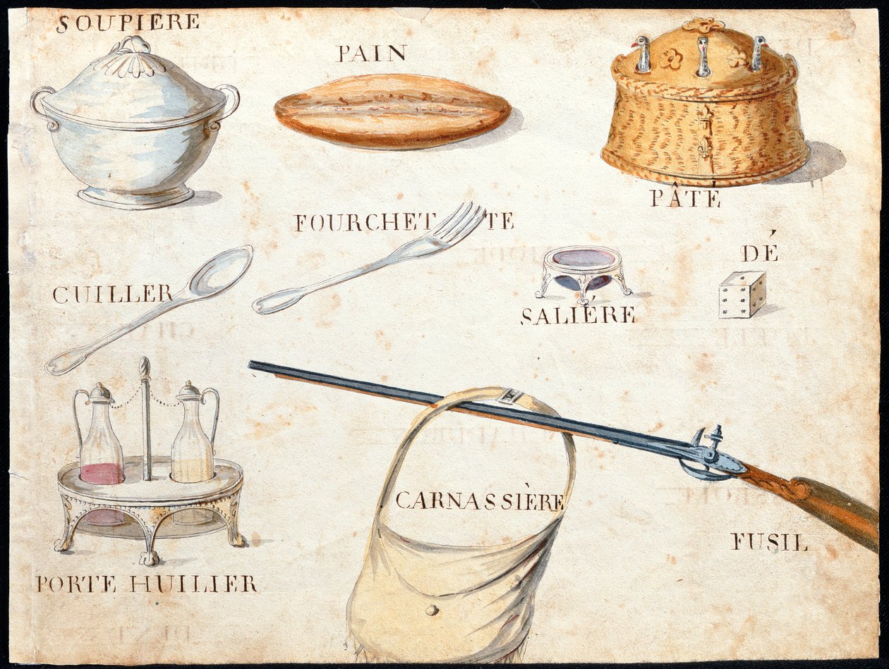 Illustrationer fra "A French Alphabet Book of 1814", udgivet af Charles Plante Fine Arts, 1814 af Arnaud de Beauregard