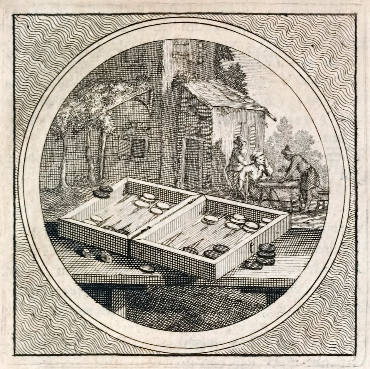 Backgammon sæt og spillere fra Stichtelyke Zinnebeelde af Arnold Houbraken