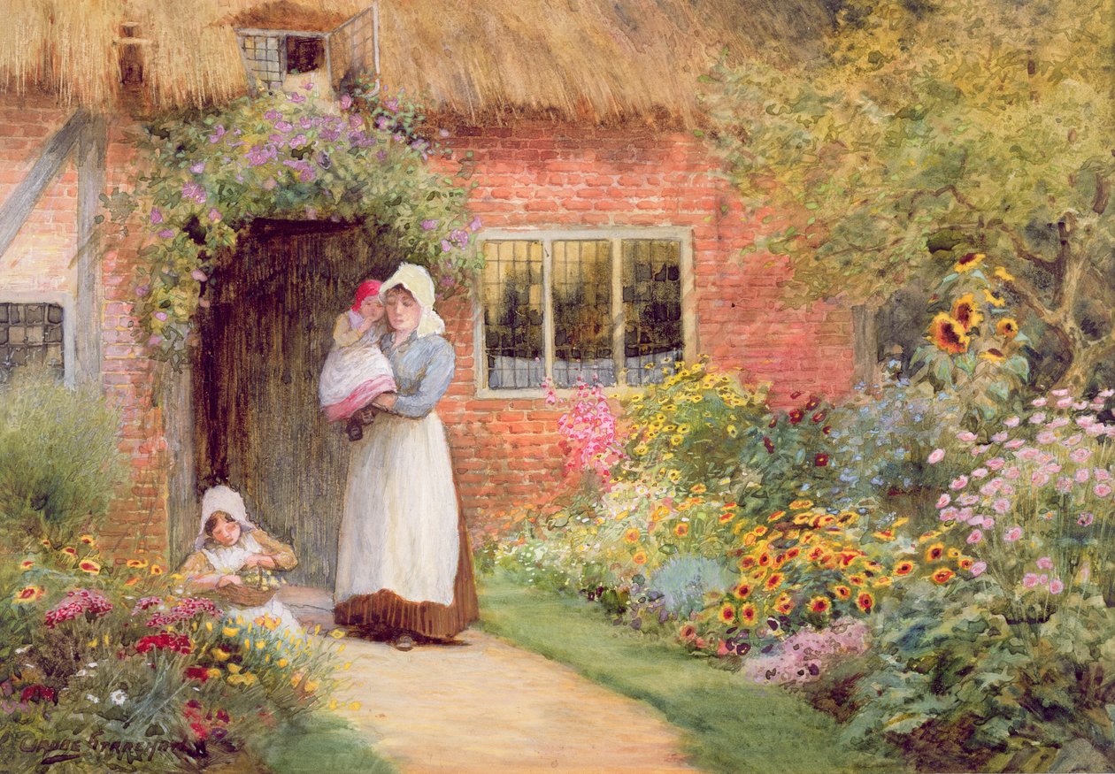 Mor og børn uden for et sommerhus af Arthur Claude Strachan