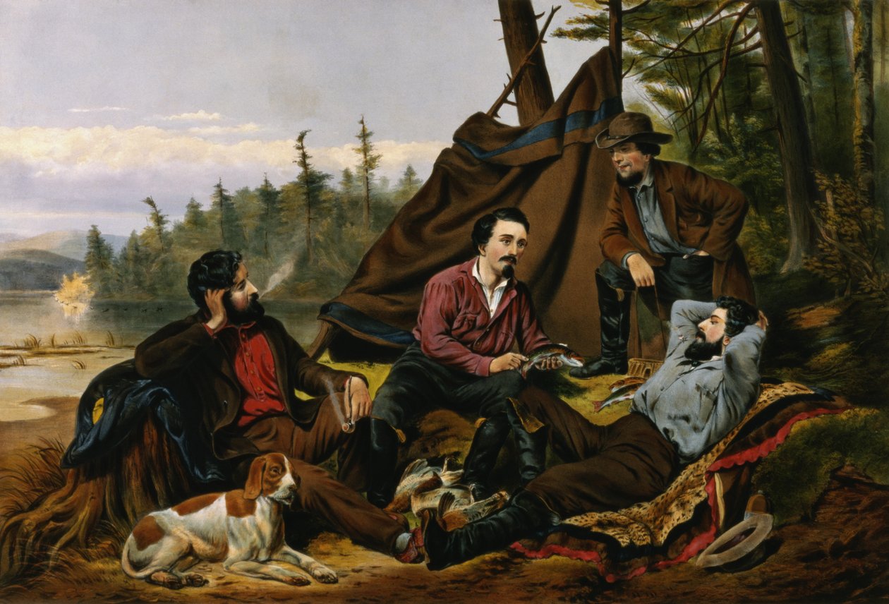 Camping in the Woods, "Laying Off", graveret af og udgivet af Currier and Ives, New York, 1863 af Arthur Fitzwilliam Tait