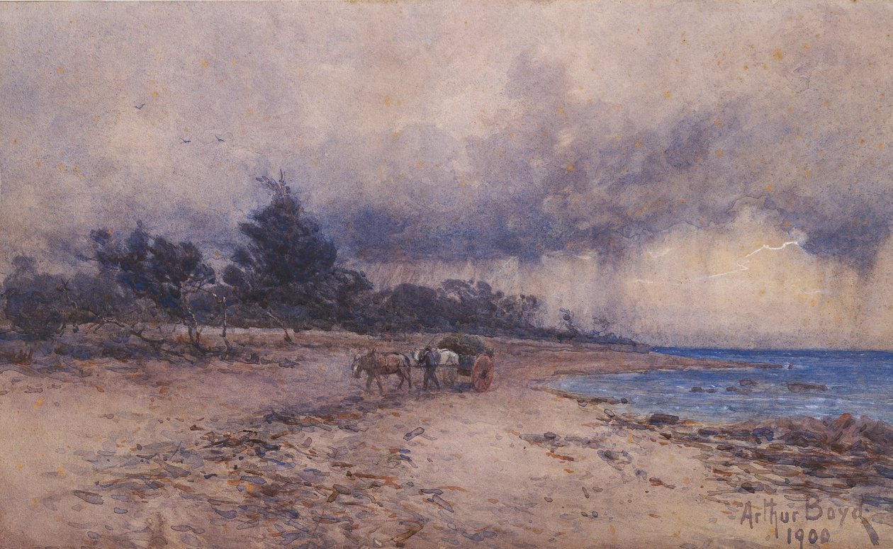 ikke tituleret (indsamling af tang før stormen, Sandringham -stranden) af Arthur Merric Boyd