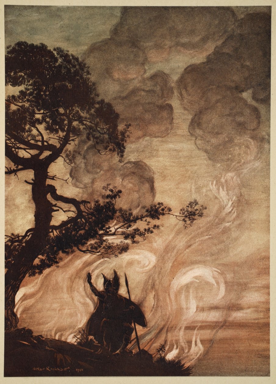Mens han langsomt bevæger sig væk, vender Wotan sig og ser bedrøvet tilbage på Brunnhilde, illustration fra 
