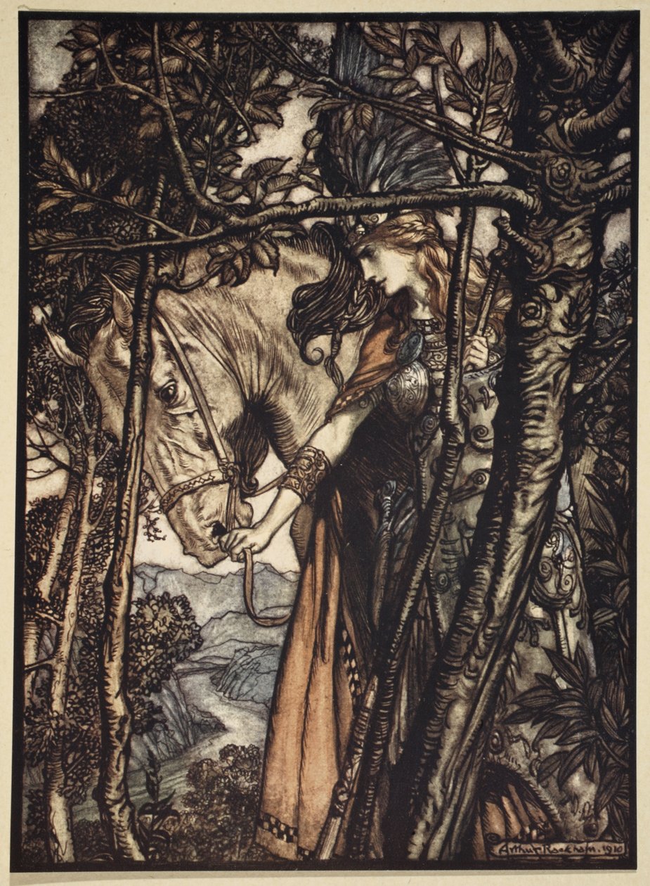 Brunnhilde fører langsomt og lydløst sin hest ned ad stien til hulen, illustration fra 