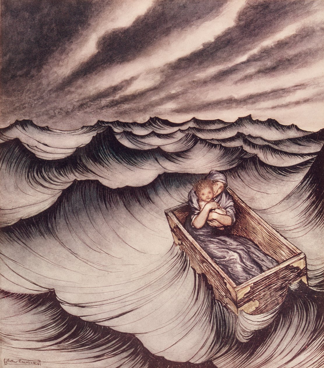Danae og hendes søn Perseus satte en kiste i og kastede i havet, 1914 af Arthur Rackham