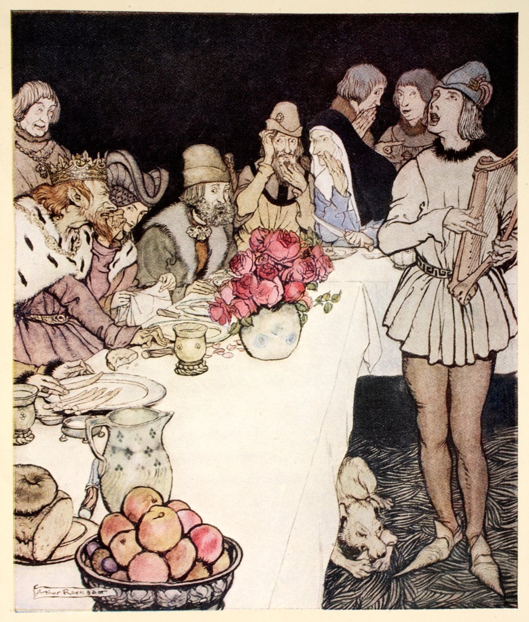 Hvordan til en stor fest, som kong Mark lavede, kom harper Eliot og sang det læg, som Dinalan havde lavet, illustration fra 