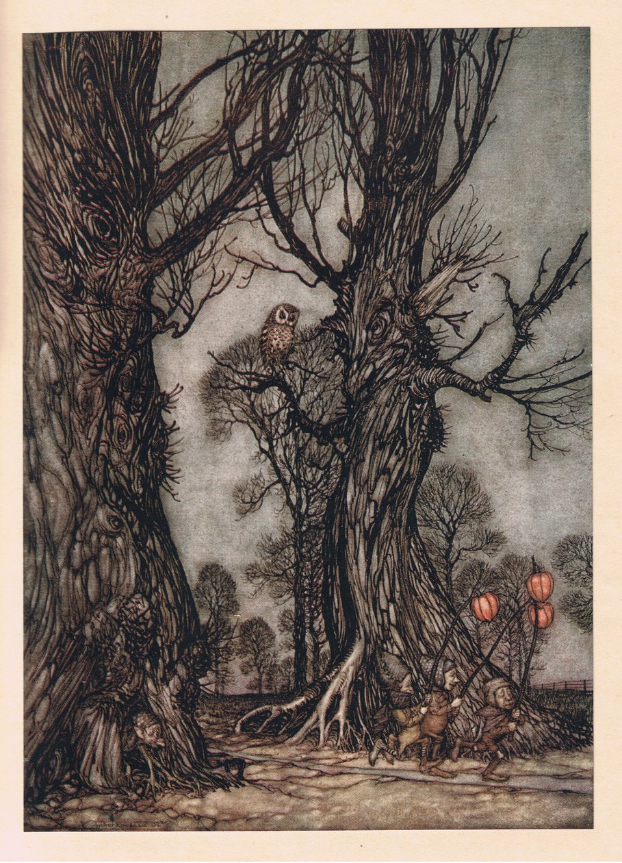 Linkmen foran med vinterkirsebær af Arthur Rackham