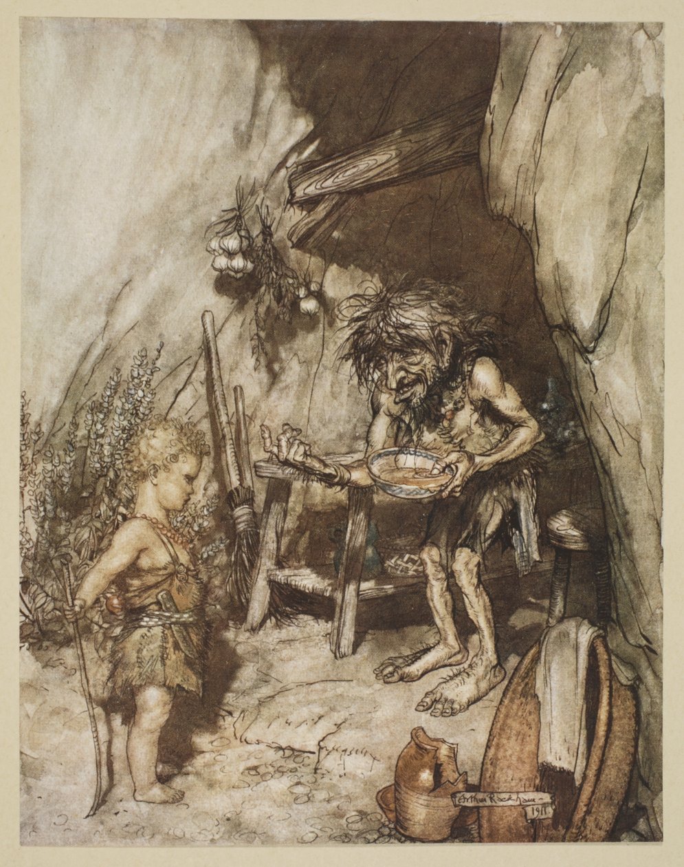 Mime og spædbarnet, illustration fra "Siegfried og gudernes tusmørke", 1924 af Arthur Rackham