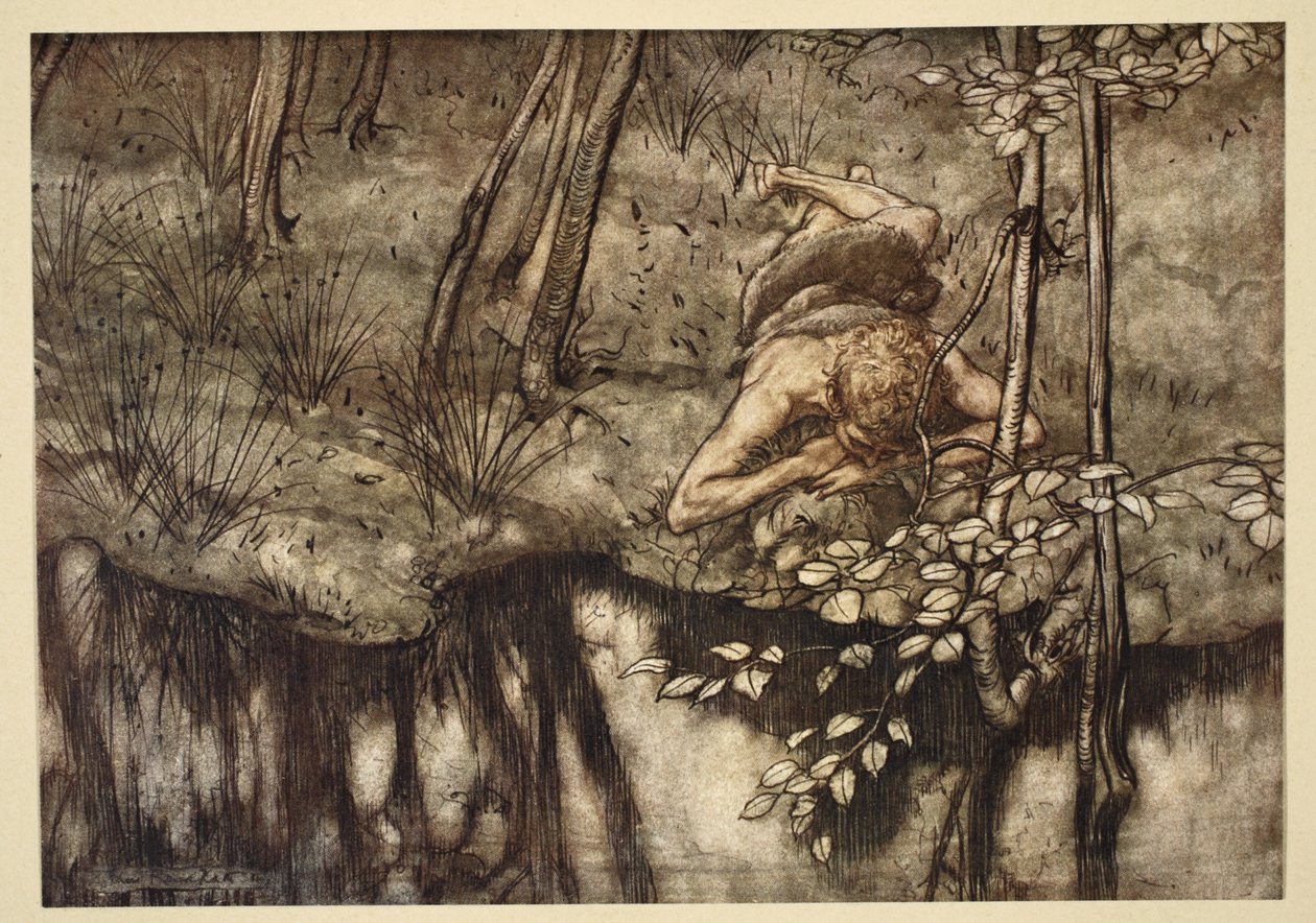 Siegfried ser sig selv i strømmen, illustration fra 