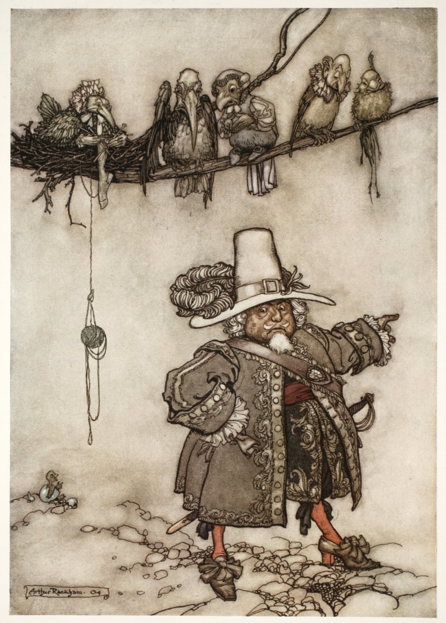 Der var en, der så ud til at være deres kommandør., fra Rip Van Winkle ved Washington Irving, pub. 1910 af Arthur Rackham