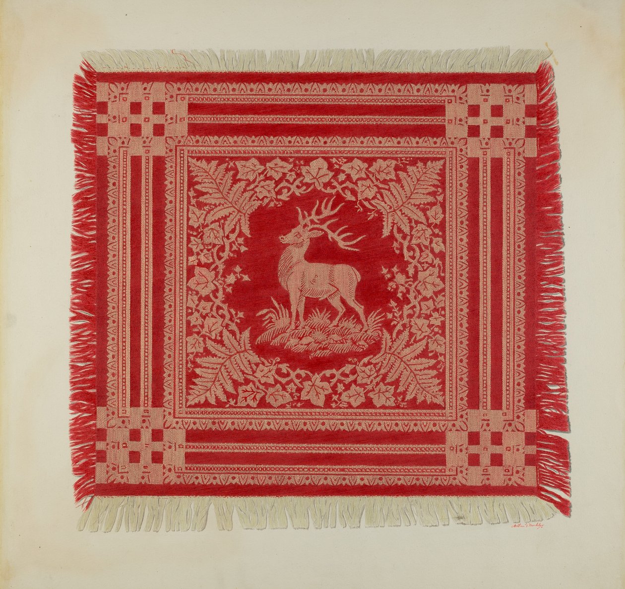 Rød og hvid serviet (Deer Design) af Arthur G. Merkley