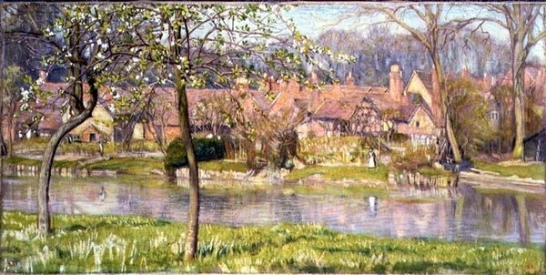Huse og en flod af Arthur Joseph Gaskin