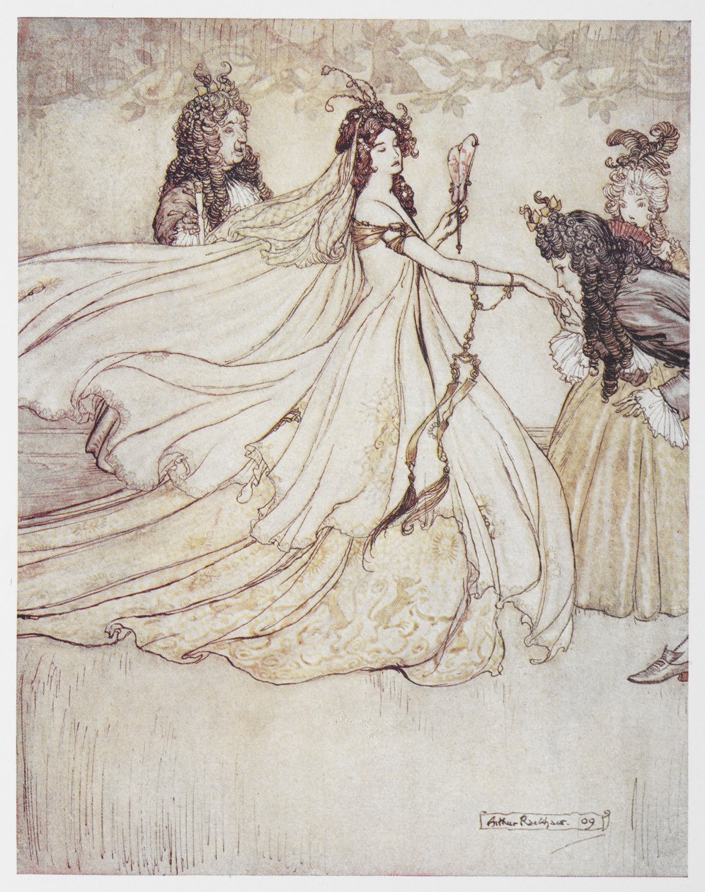 Askepot (Aschenputtel) i balkjole. af Arthur Rackham
