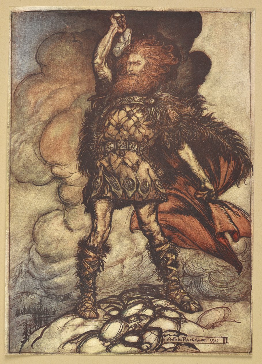 Thor løfter sin hammer. af Arthur Rackham