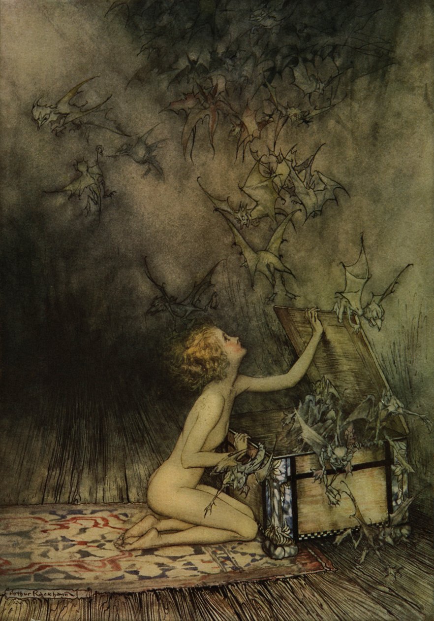 Ung pige og flagermus-agtig af Arthur Rackham