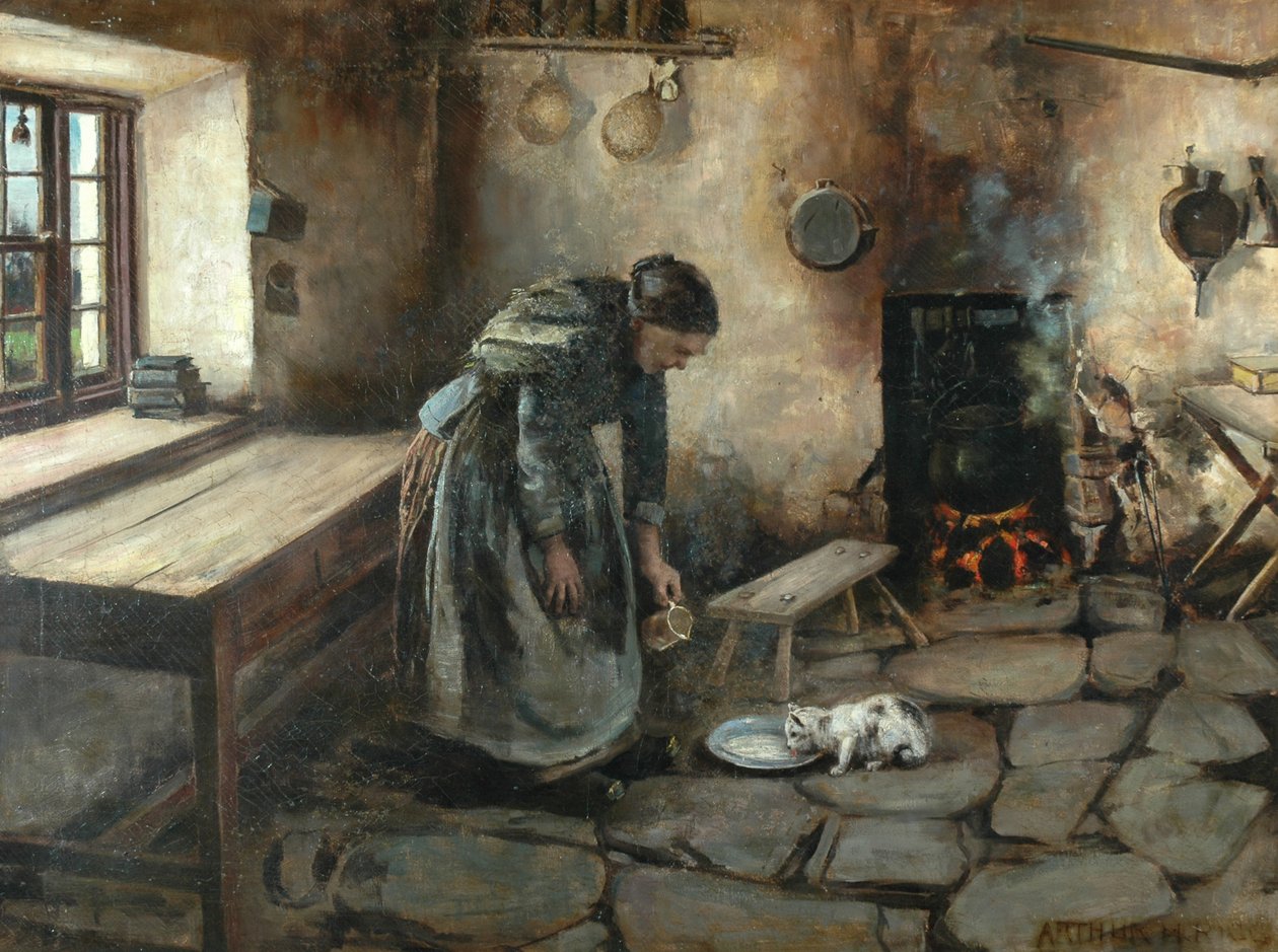 Farmhouse interiør (olie på lærred) af Arthur Rigg