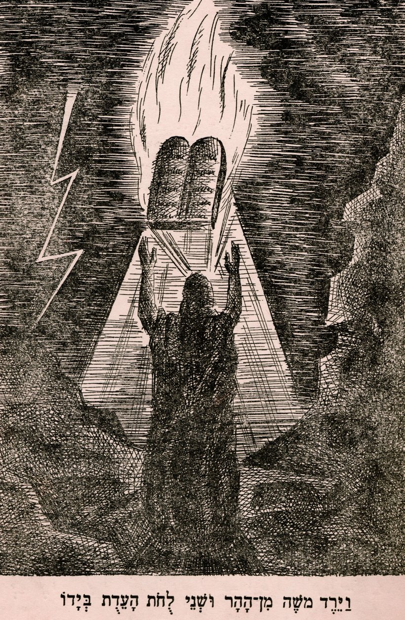 Moses på vej ned fra Sinai-bjerget (print) af Artist Unknown