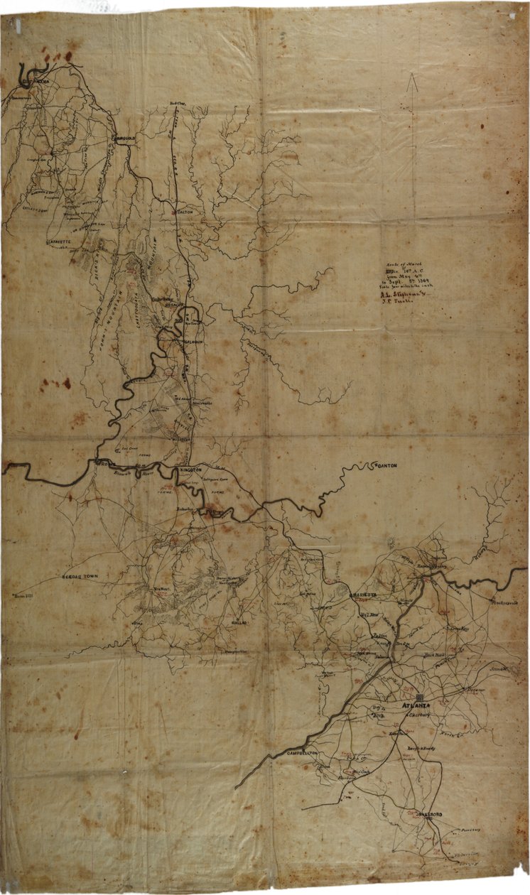 Manuskript borgerkrigskort over General Shermans Atlanta-kampagne, ca. 1864 af Asbury L. and Snell, J.P. Stevens