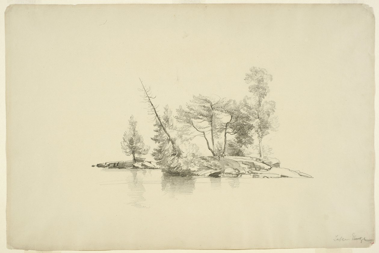 Ø med små træer, Lake George, New York, 1862 (grafit på papir monteret på kort) af Asher Brown Durand