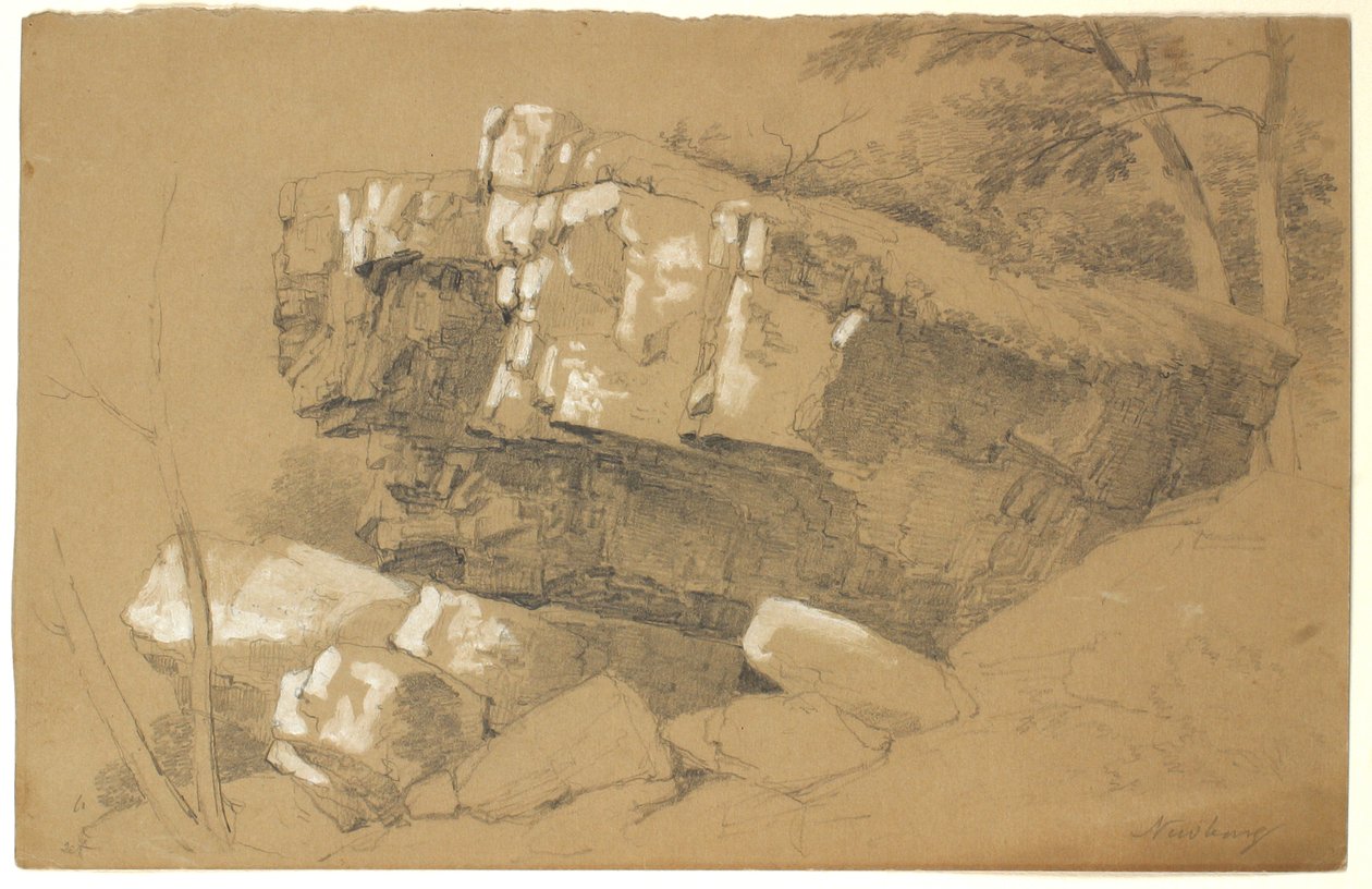 Study of Rocks, Newburgh, New York, 1849 (grafit og hvid gouache på brunt papir) af Asher Brown Durand