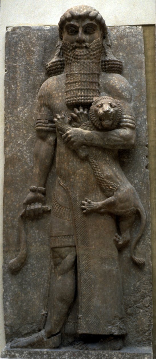 Helten Gilgamesh mestrer en løve, 722-705 f.Kr af Assyrian