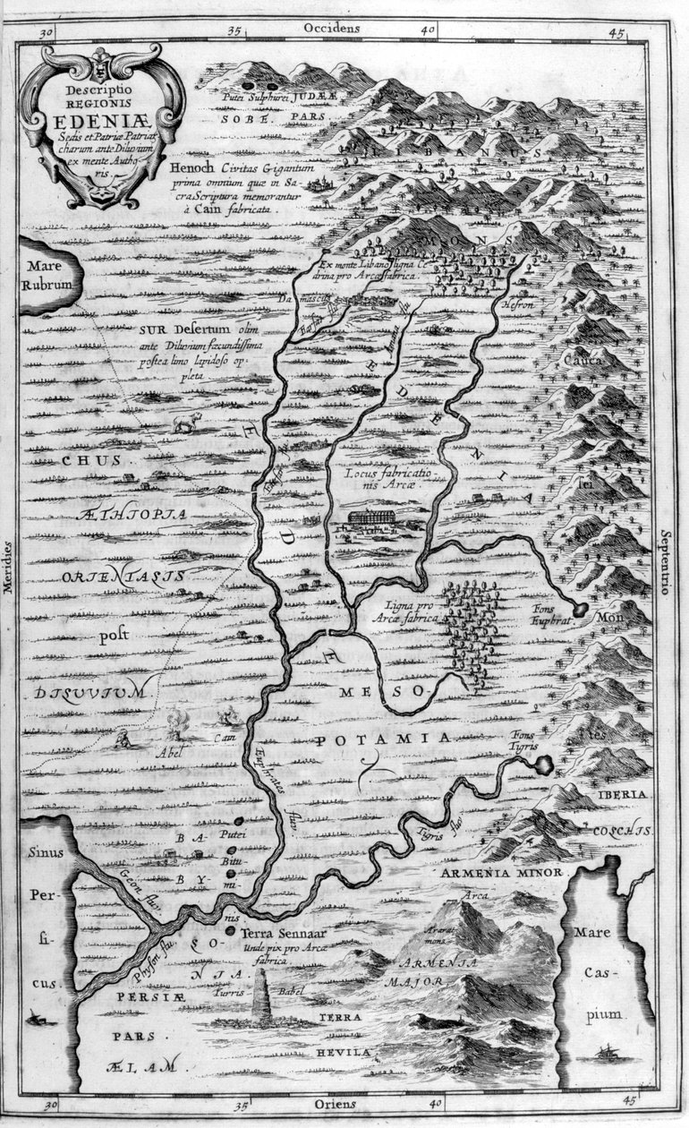 Kort over Edens Have, 1675 af Athanasius Kircher