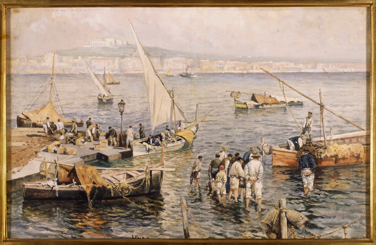 Marina med fiskere (akvarel) af Attillo Pratella