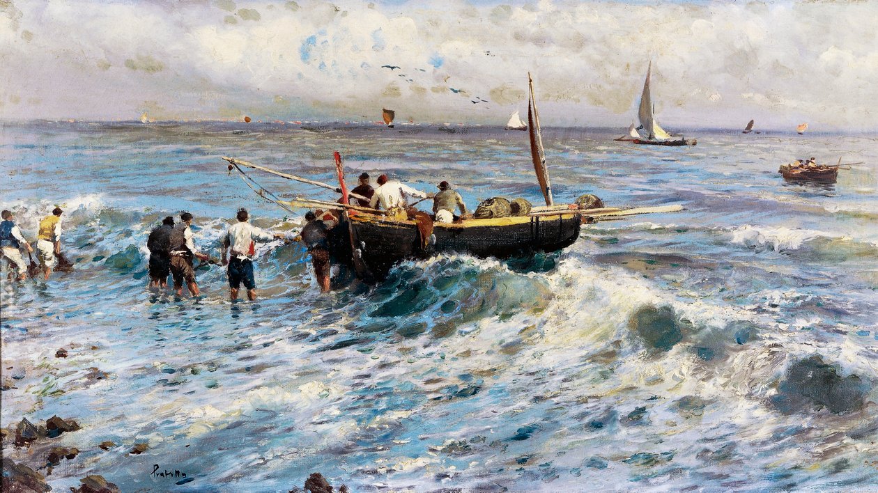 Havlandskab med fiskere (maleri) af Attillo Pratella