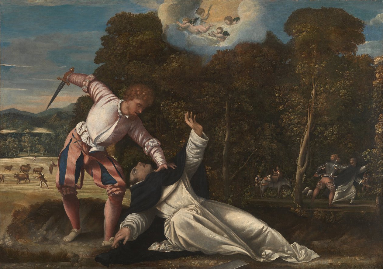 Sankt Peter Martyrs død af Attributed to Bernardino da Asola