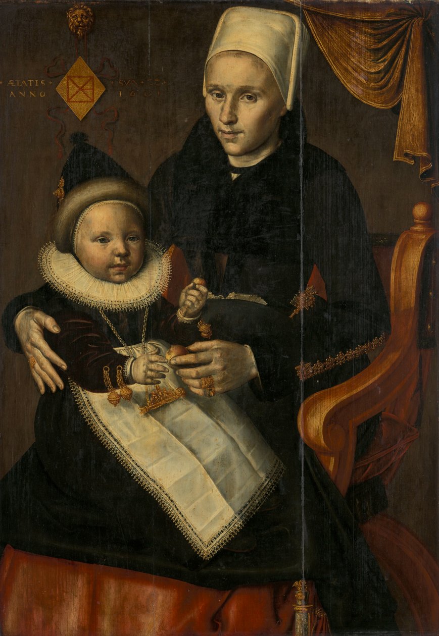 Mor og barn i Nordhollands kostume. olie på panel medium QS af Attributed to Jan Claesz.