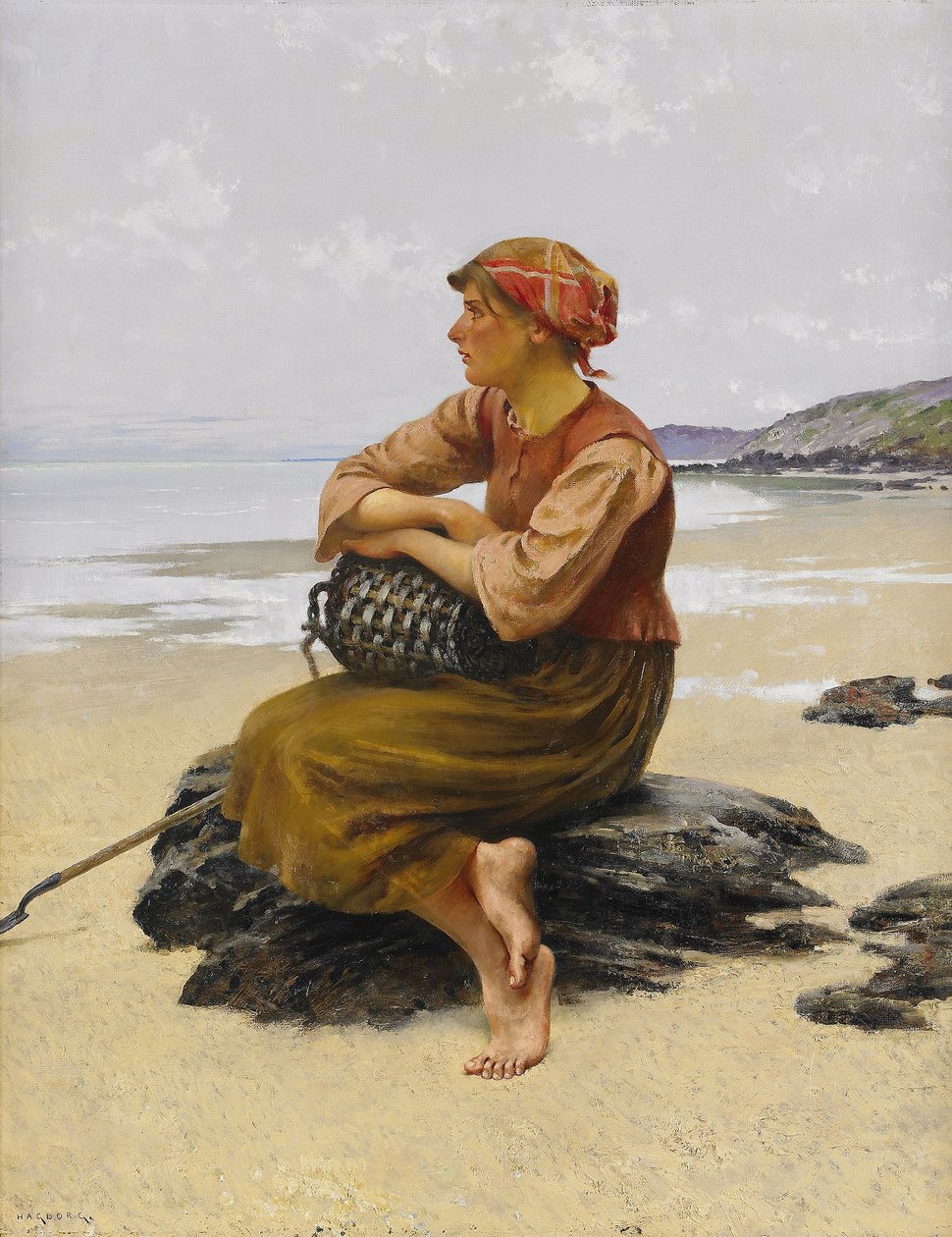 Sidder østersvælger på stranden af August Hagborg