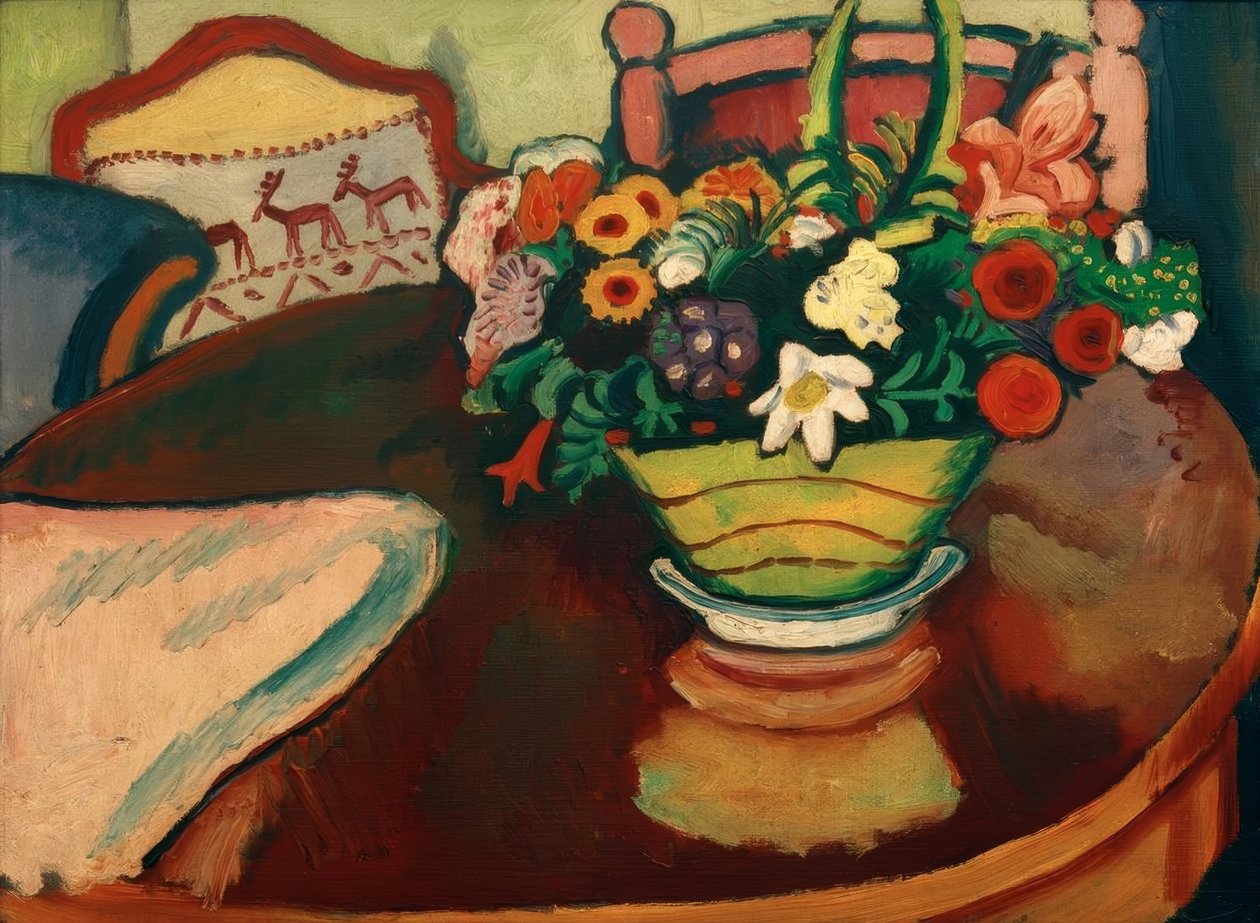 Stilleben med en hjortepude og en buket af August Macke