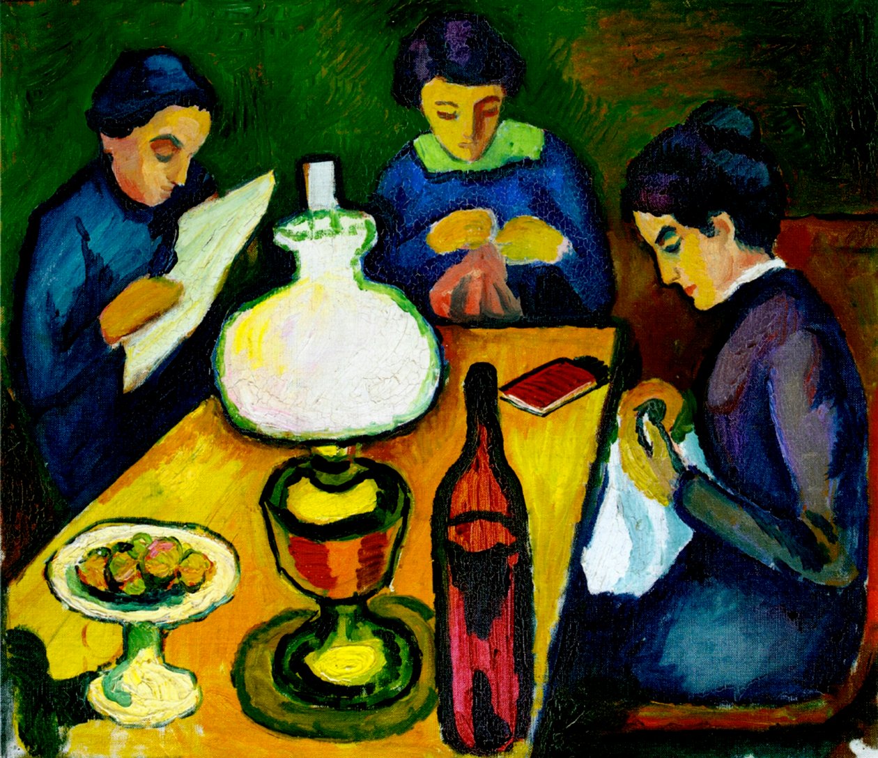 Tre kvinder ved bordet ved lampen, 1912 af August Macke