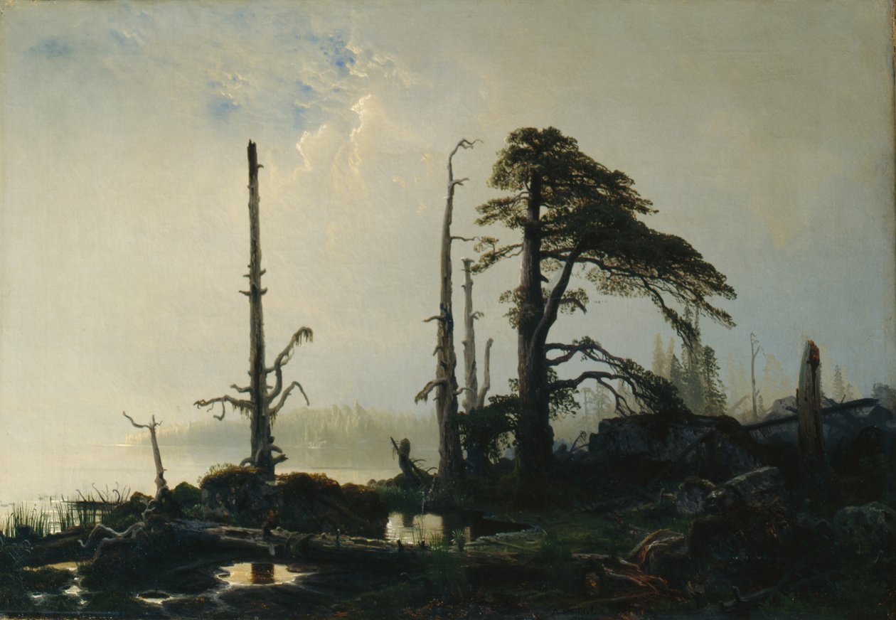 Sø i tåge (olie på lærred) af August Cappelen