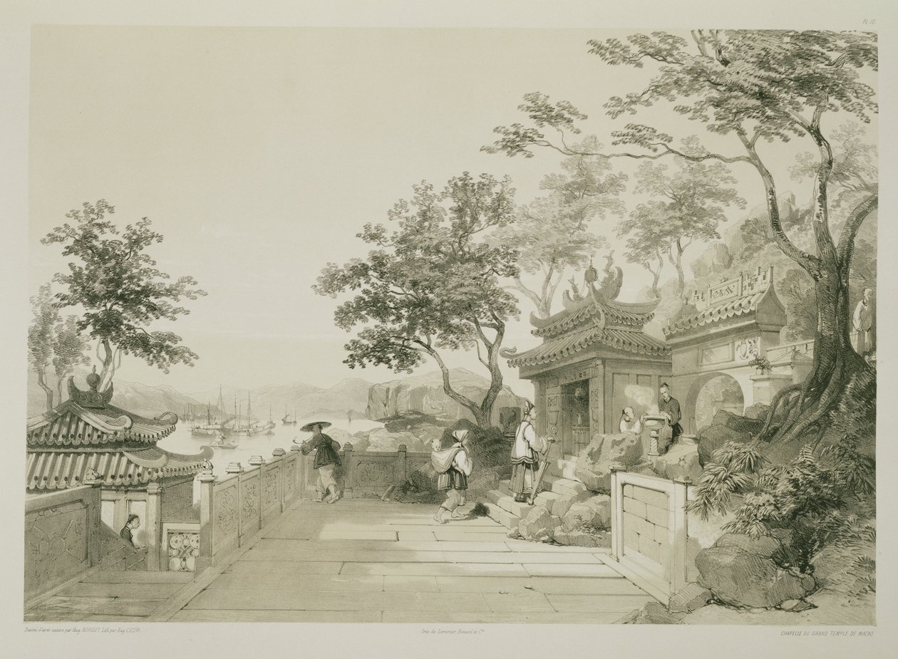 Et kapel i det store tempel i Macao, planche 10 fra "Sketches of China", graveret af Eugene Ciceri (1813-90) 1842 (tonet litografi) af Auguste Borget