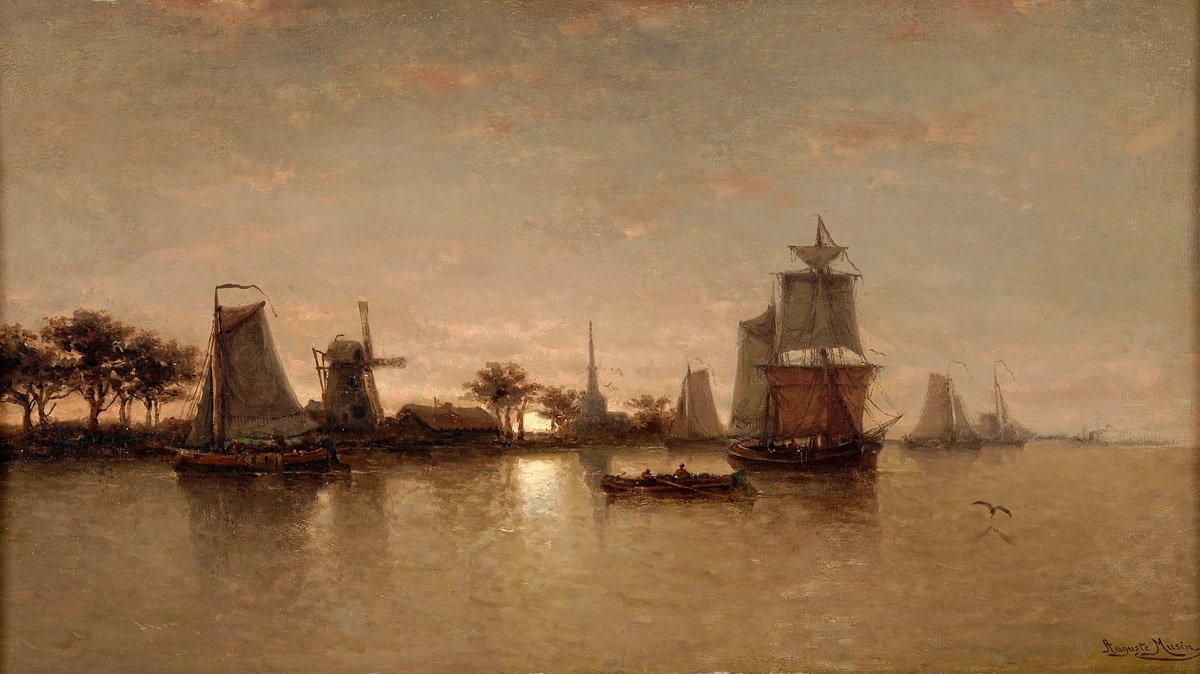Flulandschaft bei Mondscheinn Hollandsk: Flodlandskab ved måneskin n af Auguste Musin