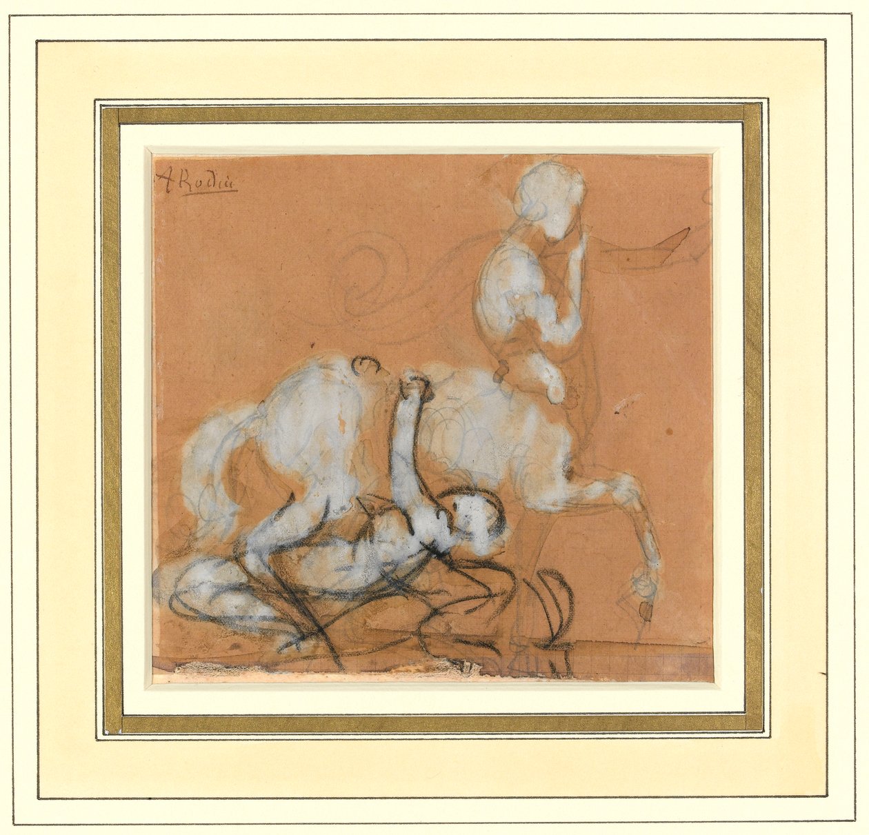 Achilles og Cheiron (grafit, kridt og brun vask med hvid forhøjning på papir) af Auguste Rodin