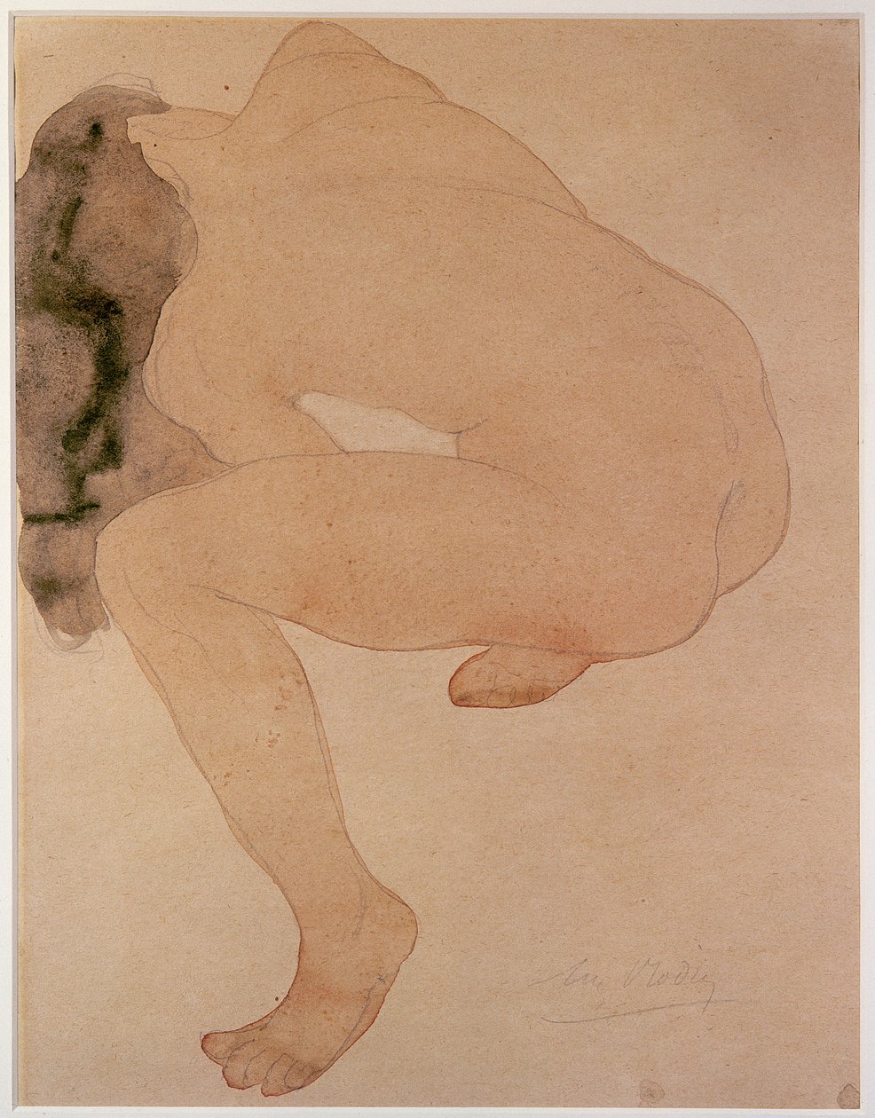 Siddende nøgen bøjet (blyant og wc på papir) af Auguste Rodin