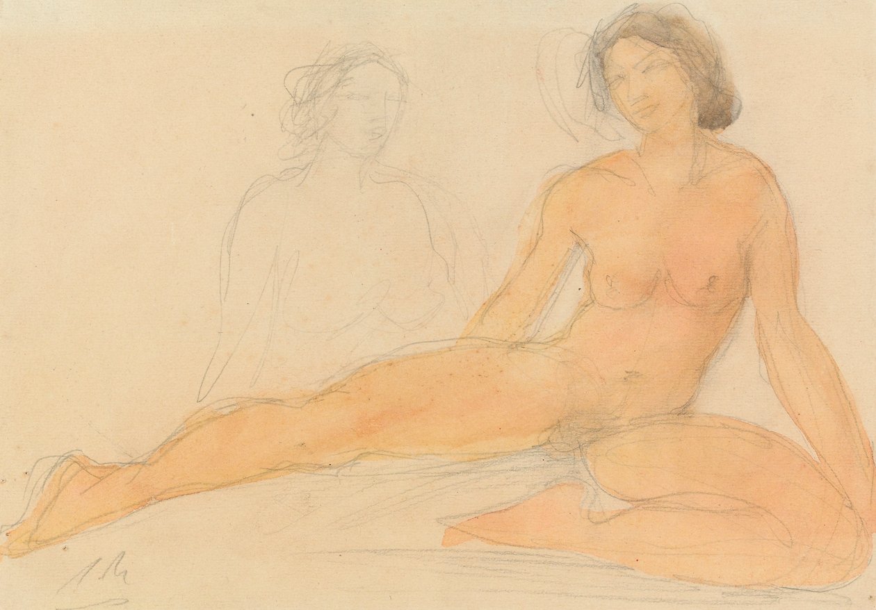 To siddende nøgenbilleder (grafit og wc på papir) af Auguste Rodin