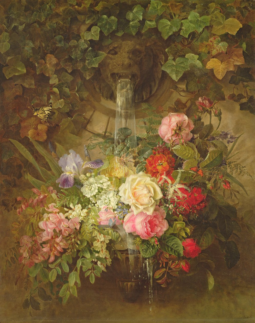 Blomster under et løvefontæne, af Auguste Wilhelmine Reichelt