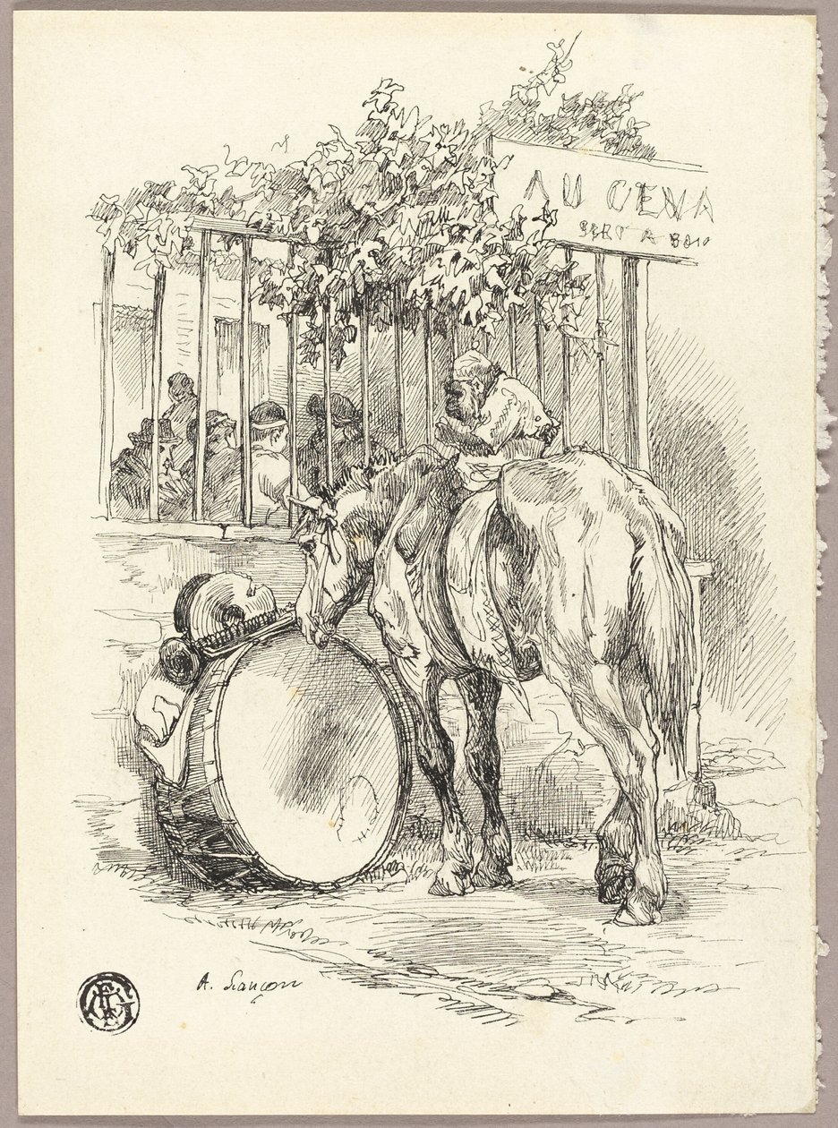 Hest med abe på ryggen af Auguste Andre Lancon