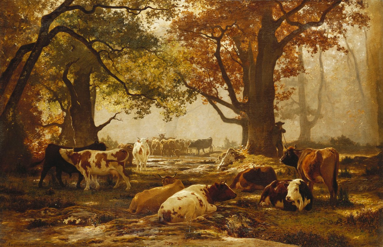 Kvæg i et skovklædt flodlandskab, af Auguste Francois Bonheur