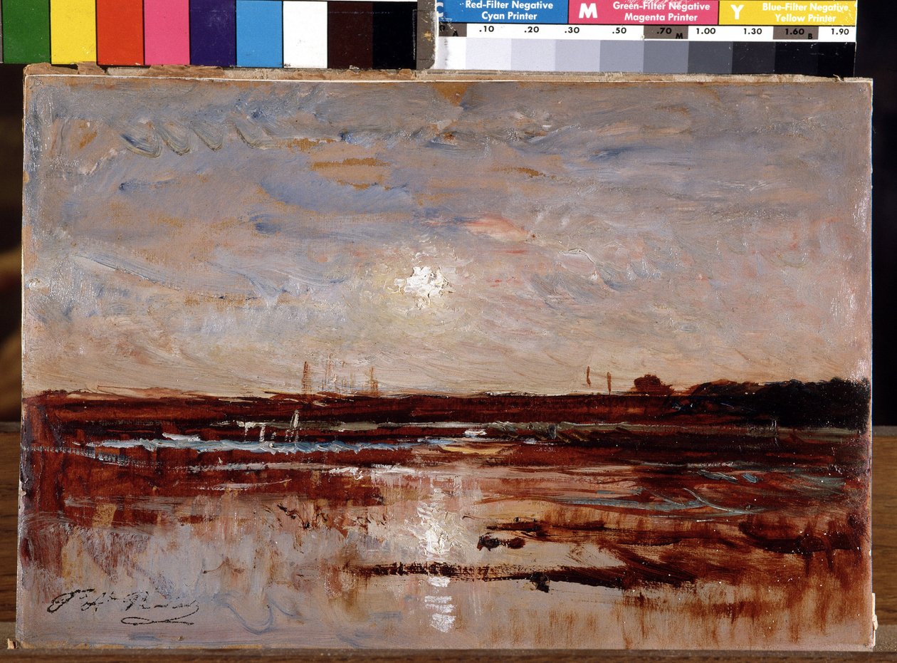 Solnedgang på en dam af Auguste Francois Ravier