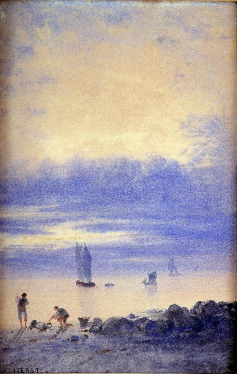 Seascape, Saint-Malo strand (wc på papir) af Auguste Herst
