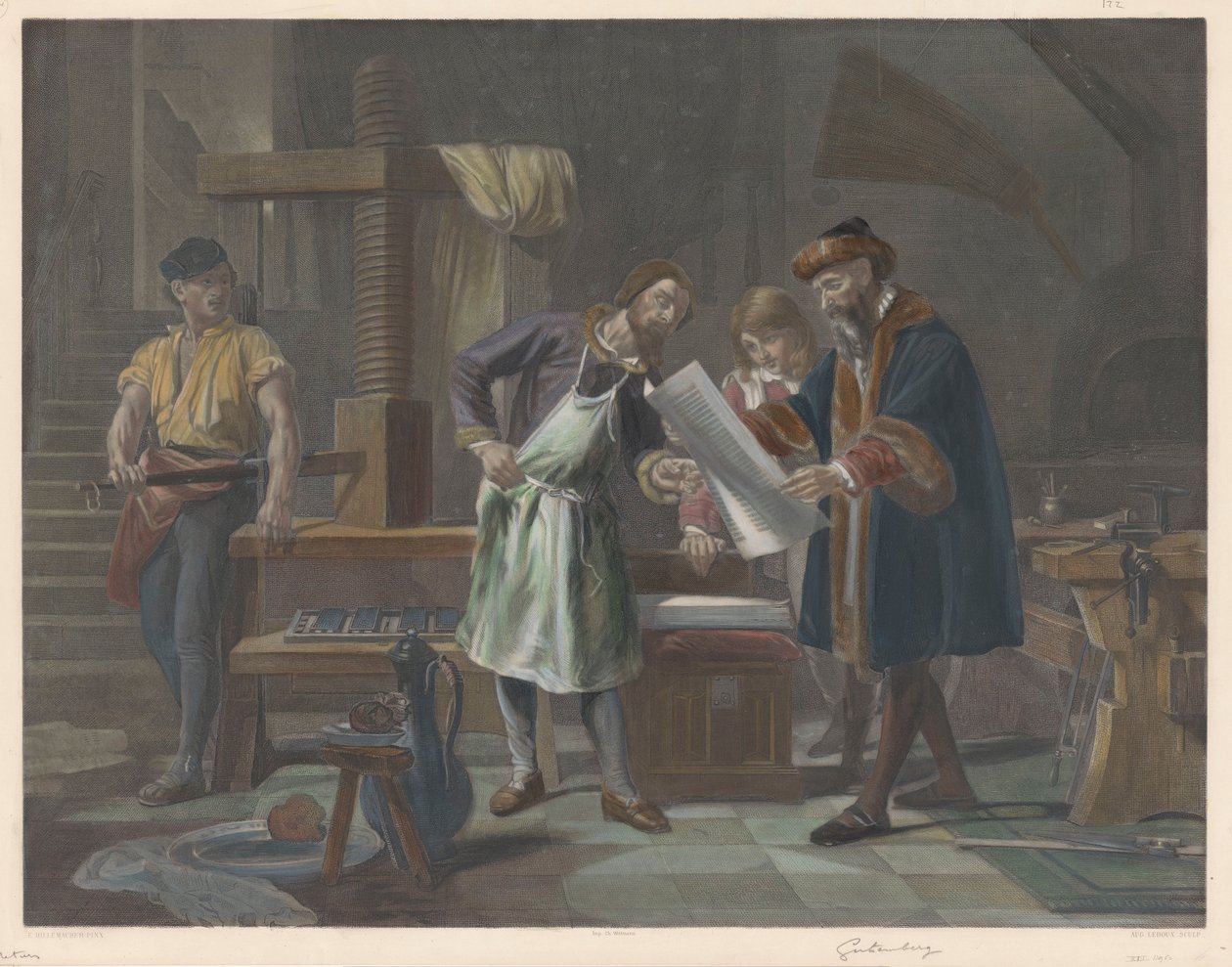 Interiør af Johannes Gutenbergs trykkeri af Auguste Ledoux