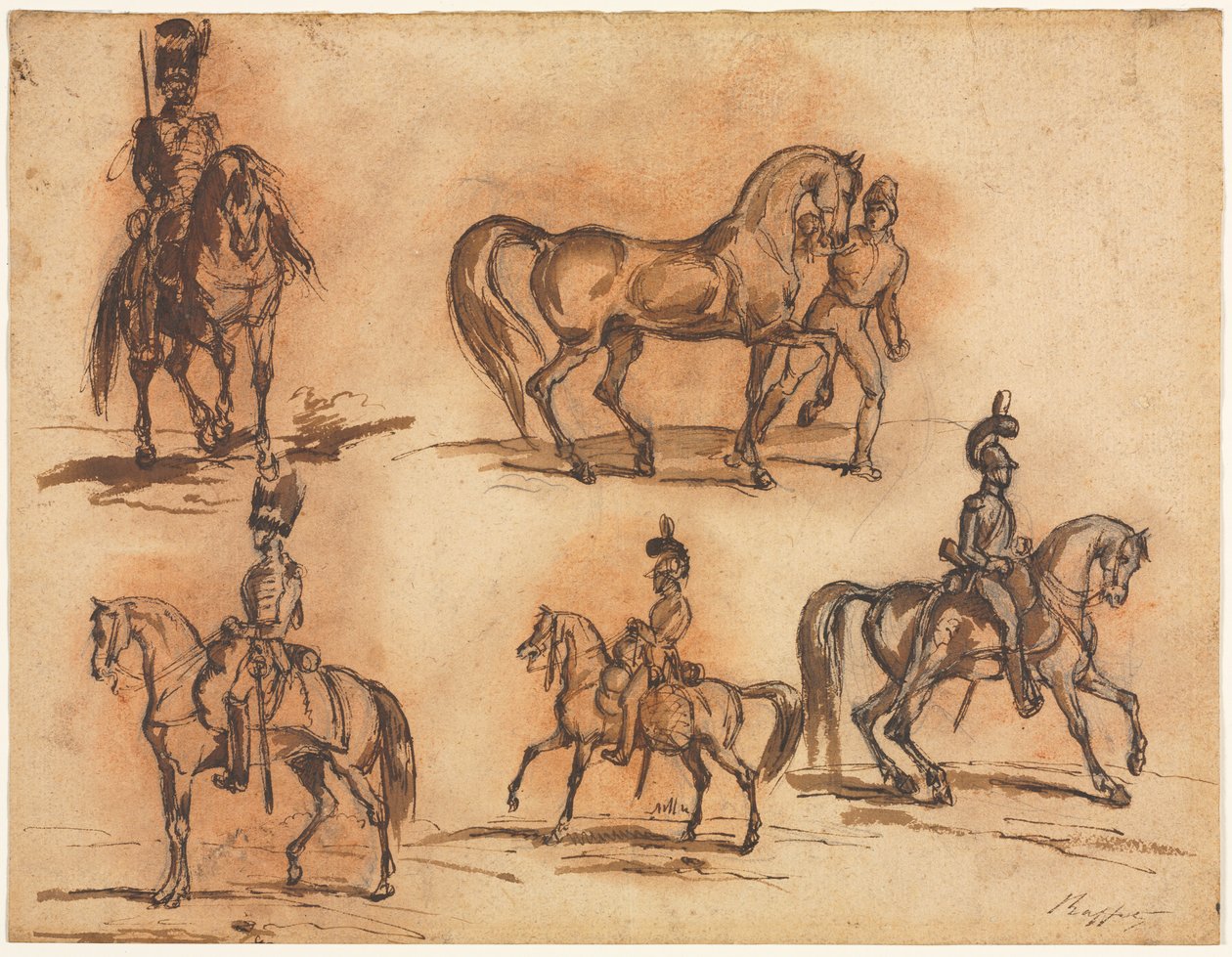 Fem Equestrian Studies: Cavalrymen, midten af det 19. århundrede. af Auguste Raffet