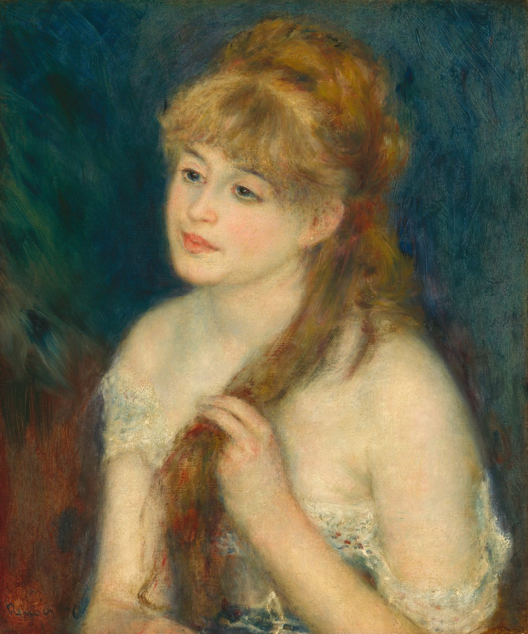 Ung kvinde, der fletter sit hår af Auguste Renoir